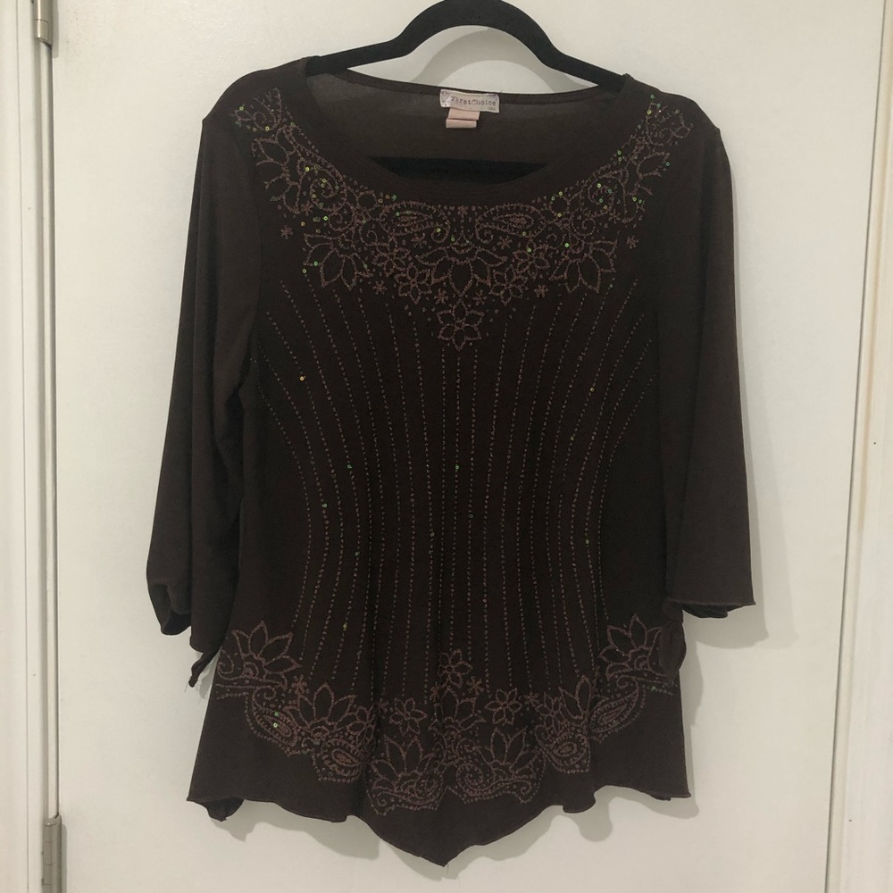 Beaded Sequin Brown Flowy Blouse First Choice M